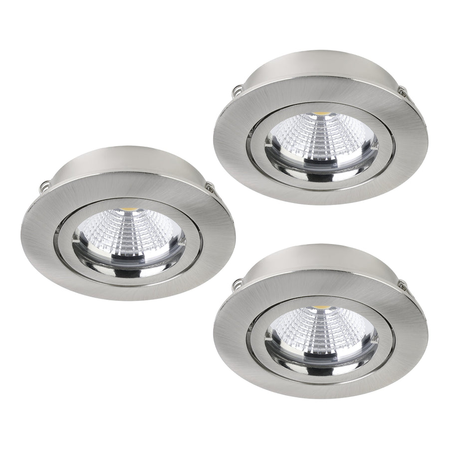 Trois spots encastrables ronds en nickel brossé, vus de trois quarts avec ressorts apparents.