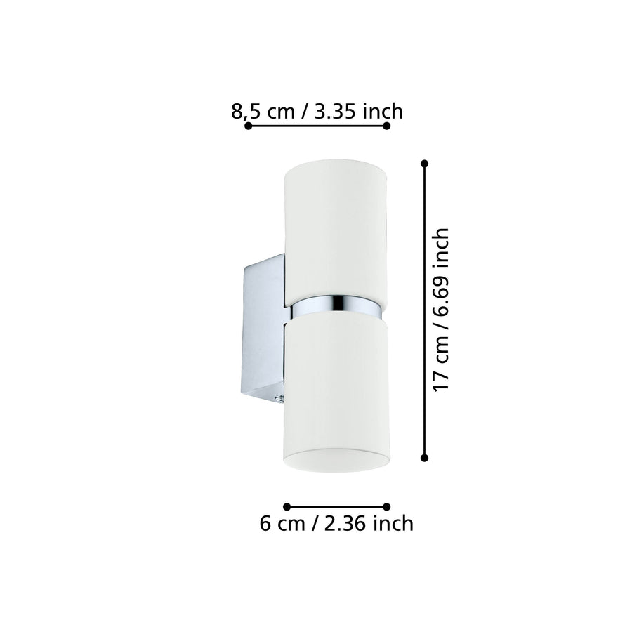 Schéma de dimensions de l'applique murale avec mesures en centimètres et en pouces