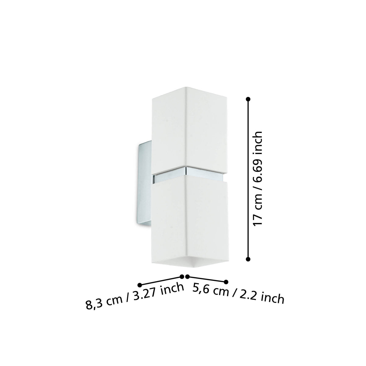 Schéma de dimensions du luminaire mural : hauteur 17 cm et largeurs indiquées.