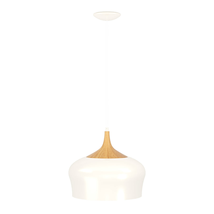 Vue de face du luminaire entier, abat-jour blanc cassé et cône en bois