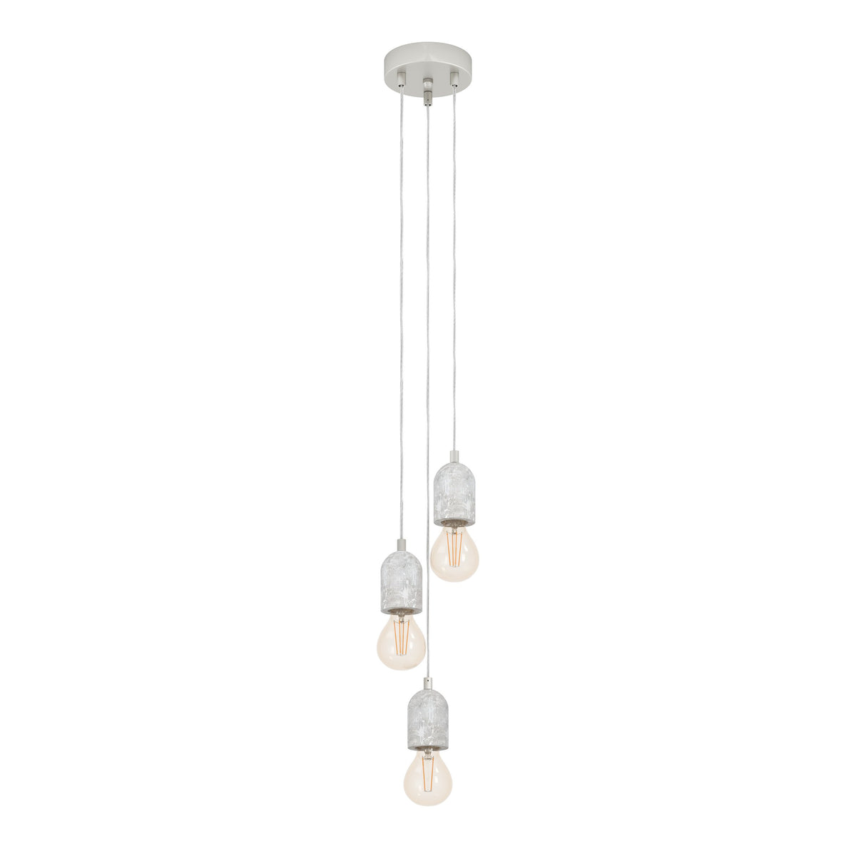 Vue de face suspendue, ampoules éteintes, câbles de longueurs différentes.