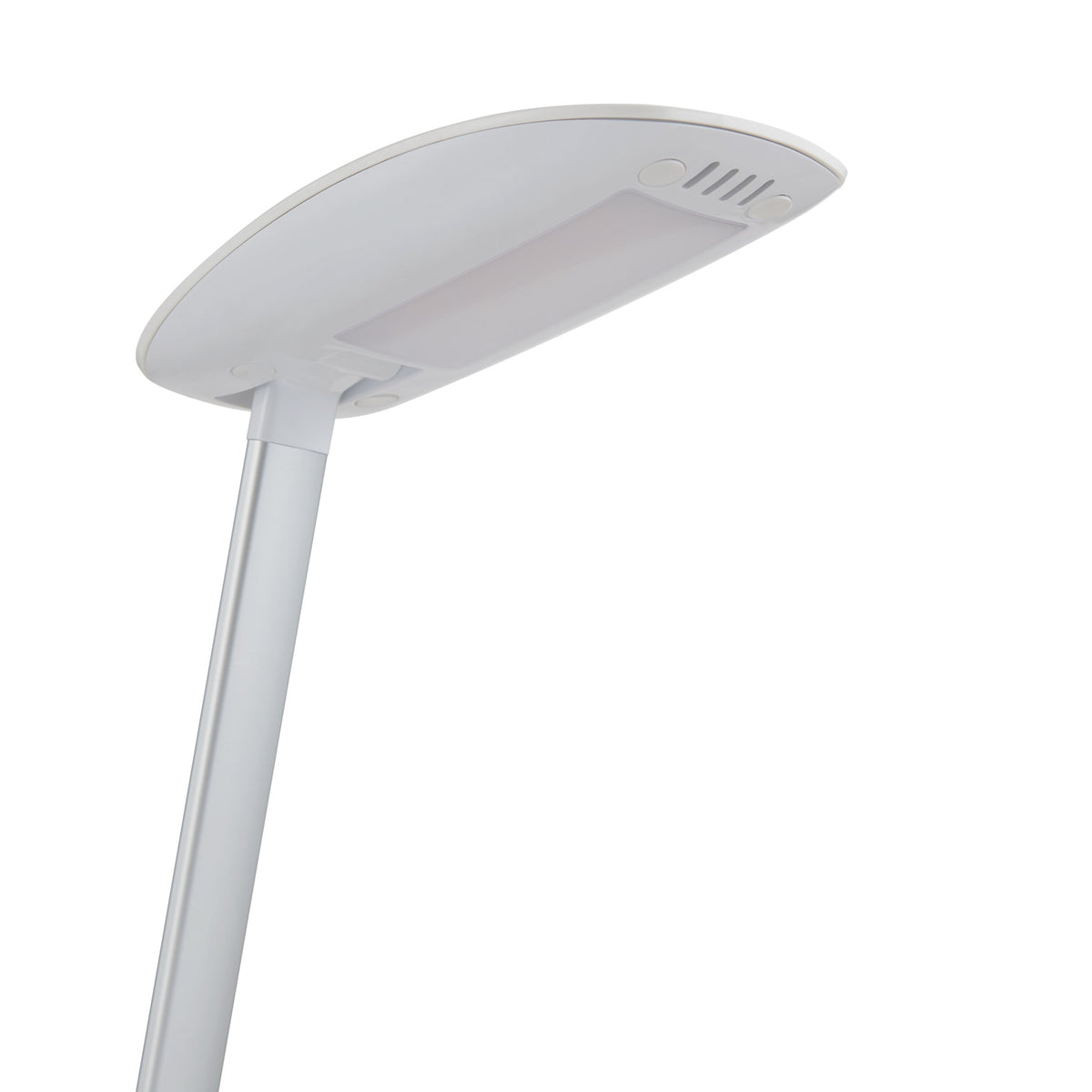 Détail sous la tête : diffuseur LED, ailettes de ventilation et boutons de réglage