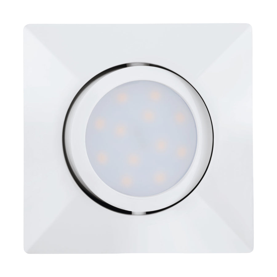 Détail de face du spot blanc carré, cercle central et LED visibles.