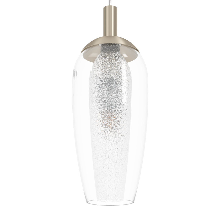 Détail rapproché d'un globe en verre transparent révélant l'ampoule et les inclusions scintillantes