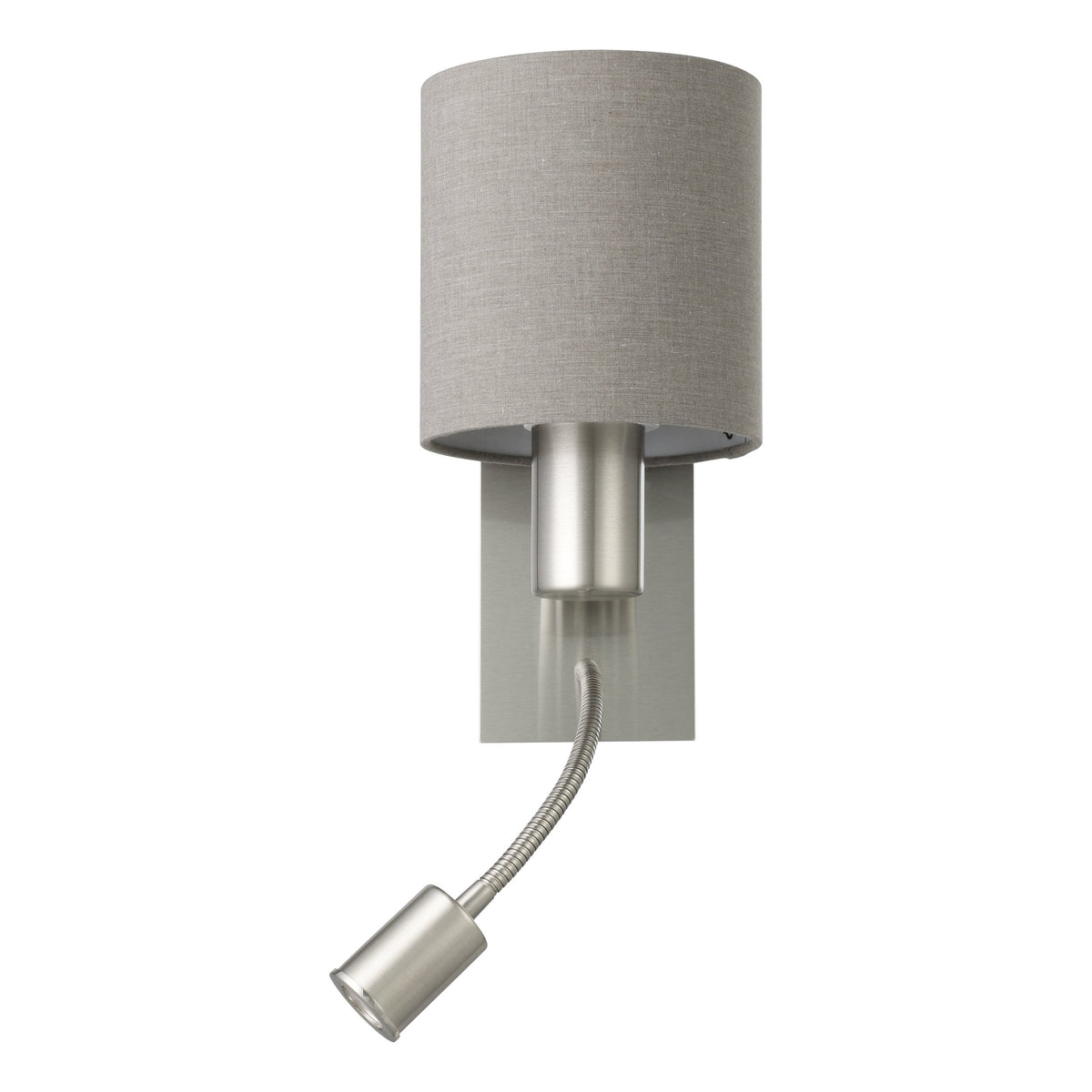 Vue frontale de l'applique murale avec abat-jour gris et bras flexible orientable.