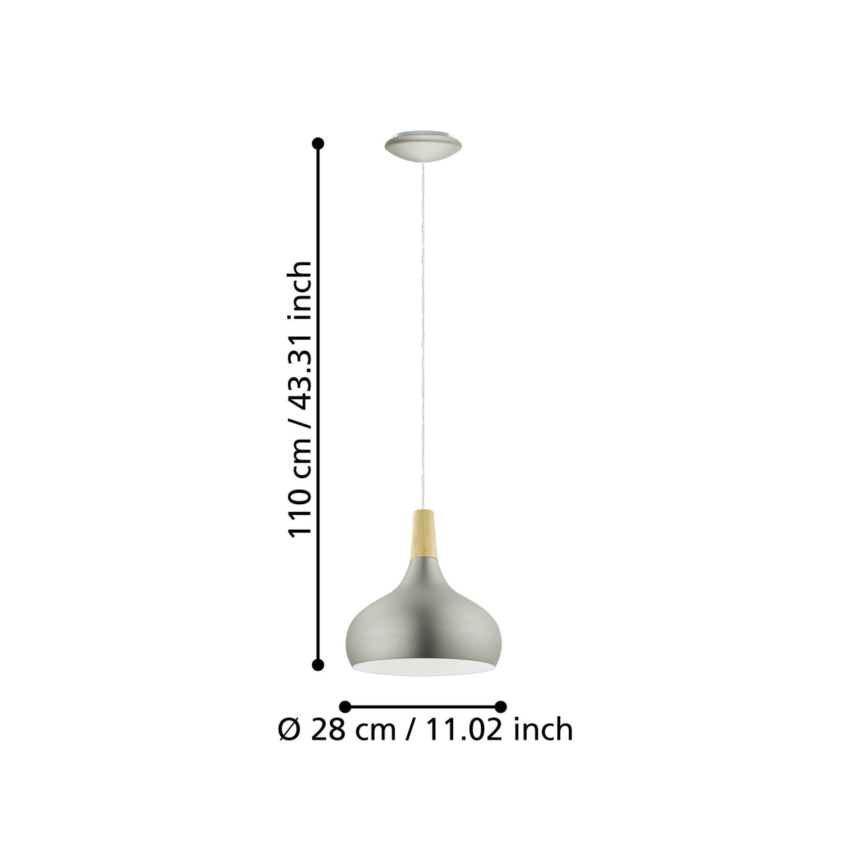Schéma de dimensions du luminaire avec hauteur totale et diamètre de l'abat-jour.