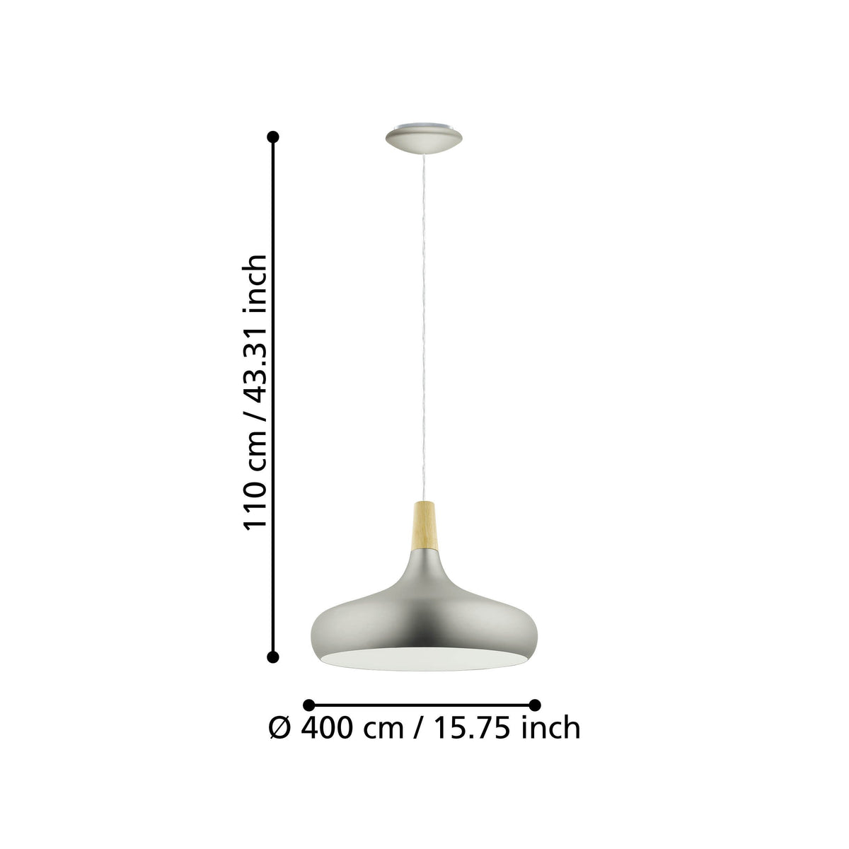 Schéma de dimensions du luminaire avec hauteur et diamètre indiqués en centimètres.