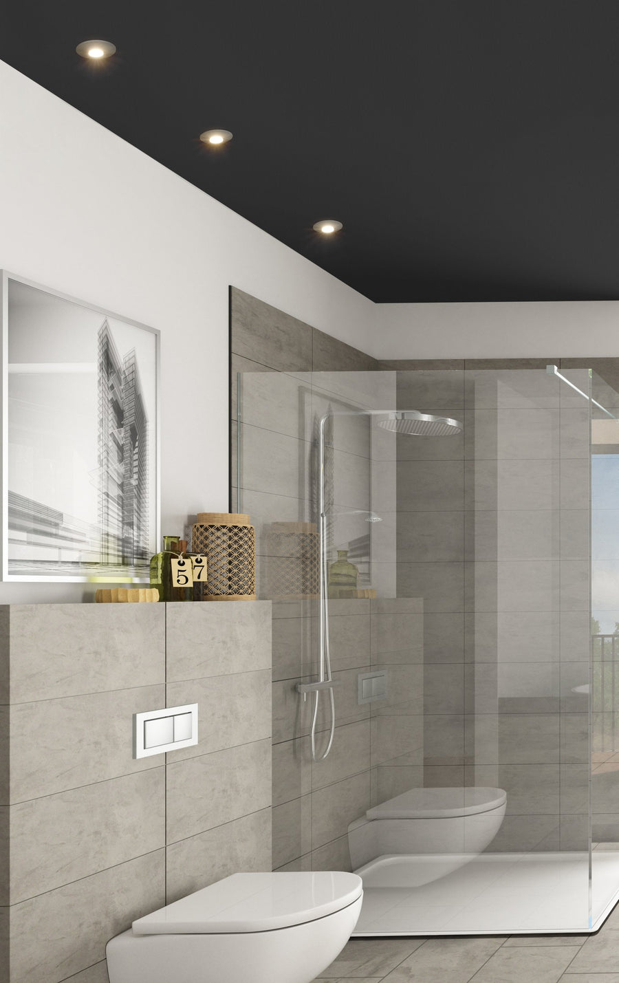 Salle de bain contemporaine avec spots encastrés au plafond noir et douche