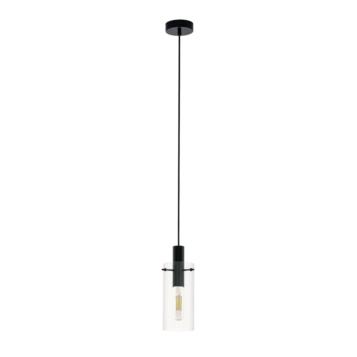 Suspension vue de face sur fond blanc, rosace et douille noires, abat-jour cylindrique