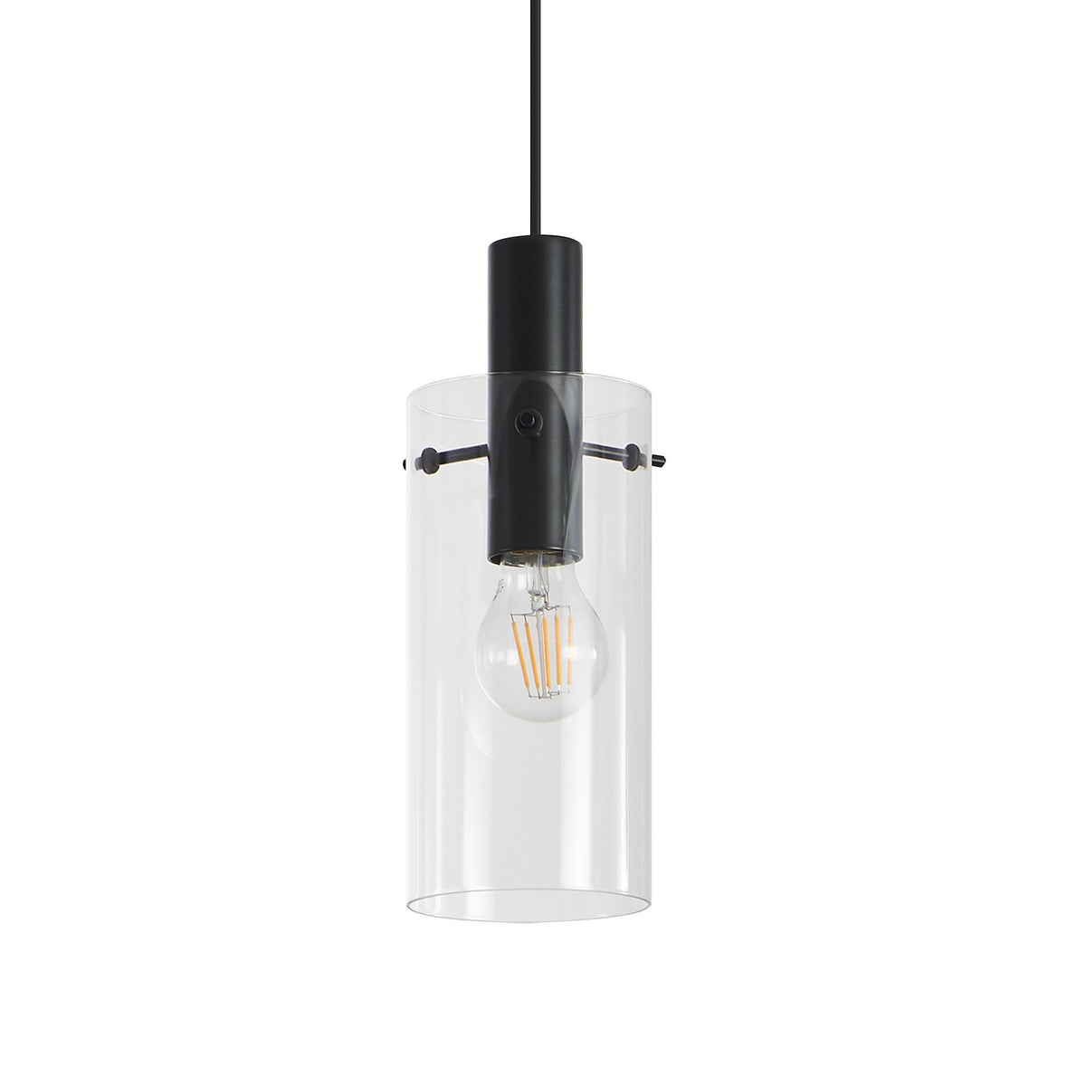 Détail d'un abat-jour cylindrique en verre transparent avec ampoule à filament visible.
