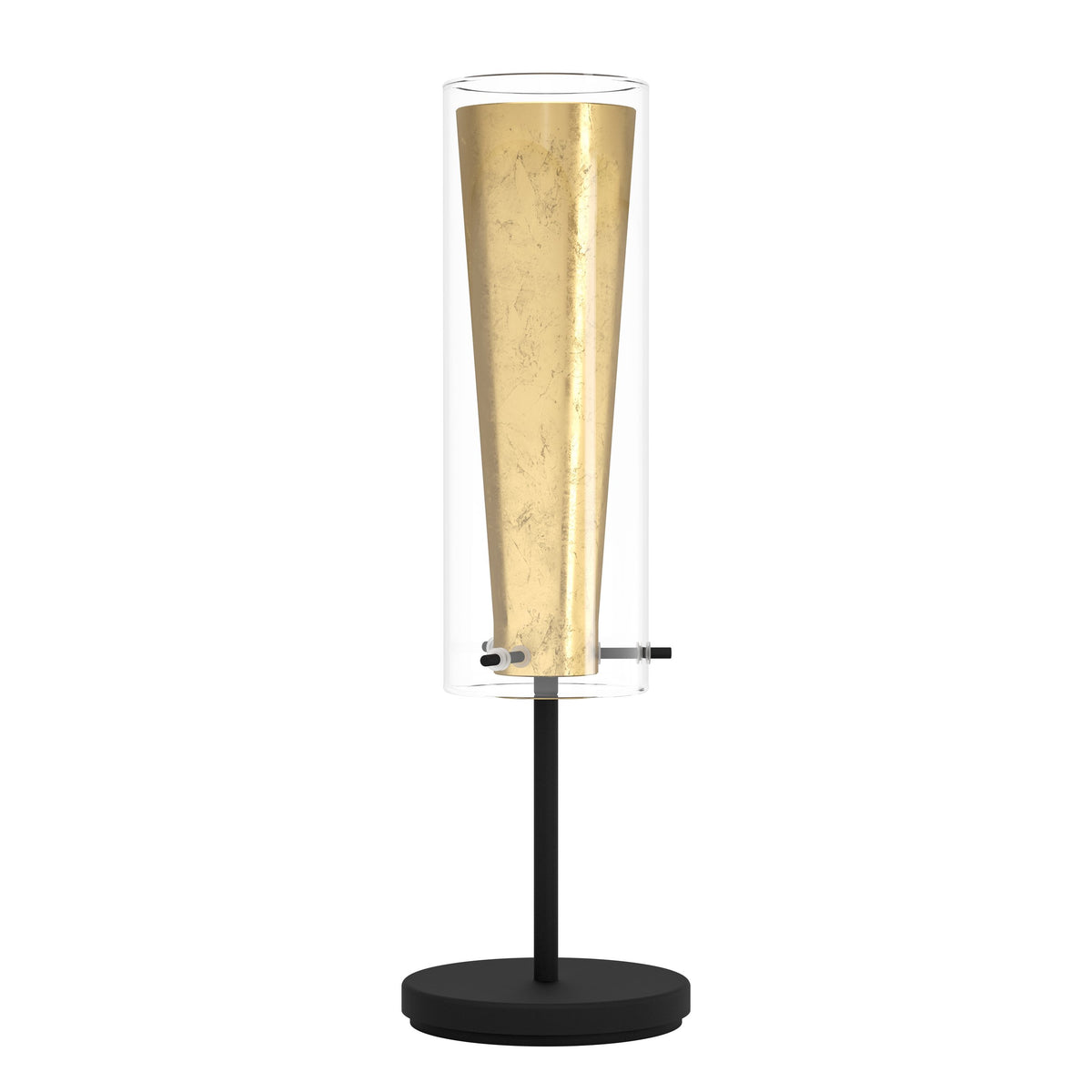 Vue de face du luminaire avec base noire et tige fine, fond neutre.