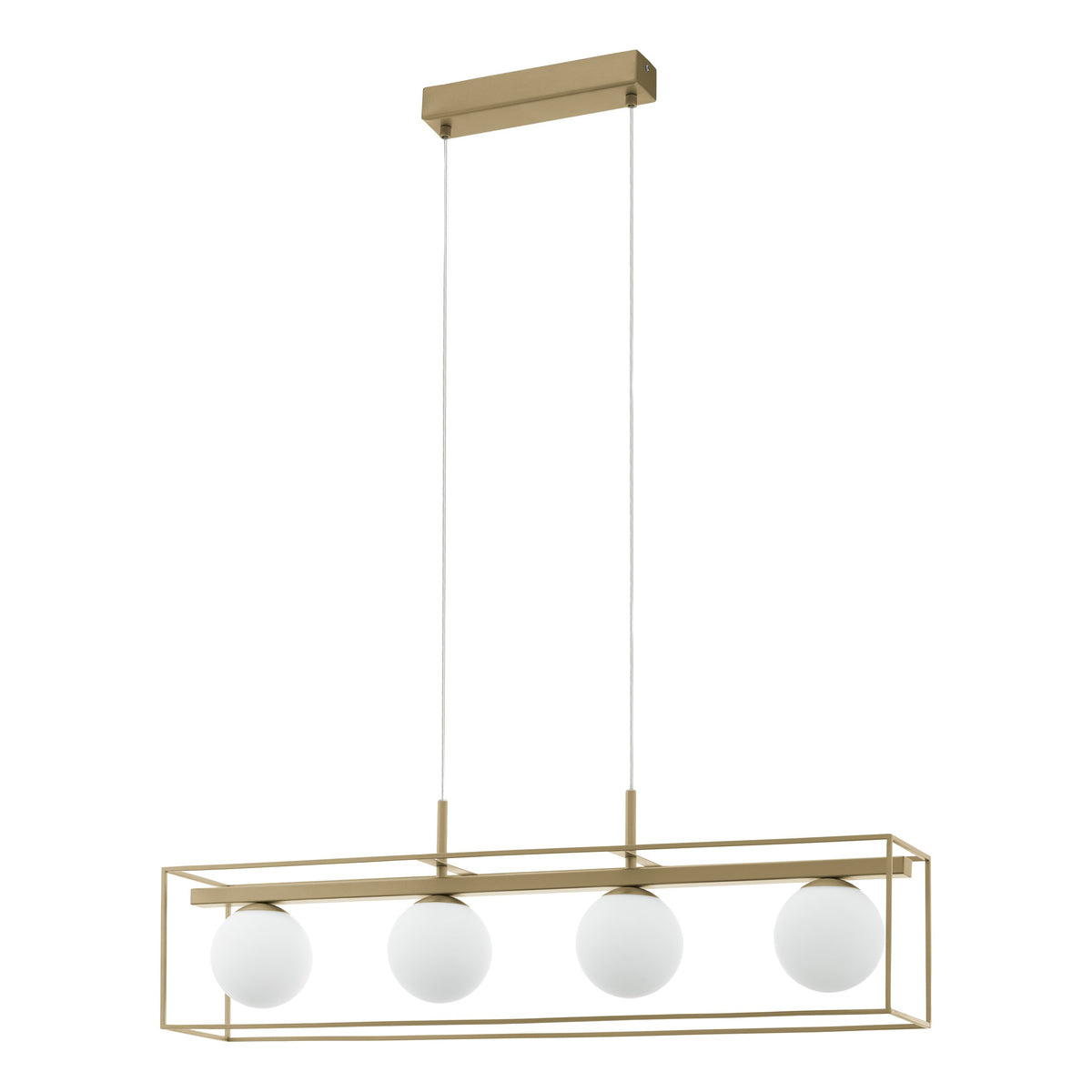 Second angle du luminaire montrant la structure rectangulaire dorée et ses globes.