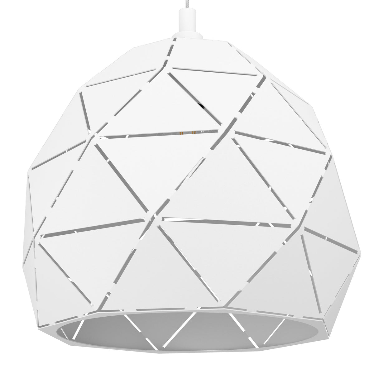 Détail rapproché de l'abat-jour montrant les découpes géométriques triangulaires en métal blanc.
