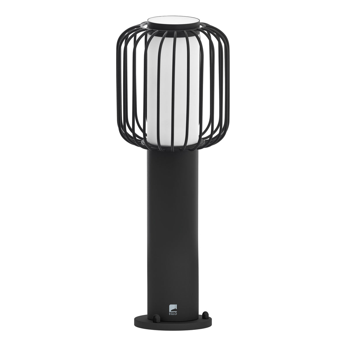 Vue de trois quarts du luminaire, pied noir et logo visible sur le fût