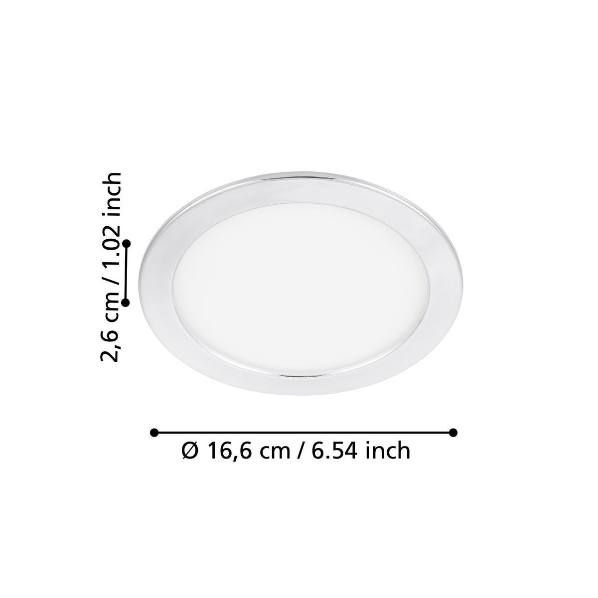 Schéma coté du luminaire : diamètre 16,6 cm et hauteur 2,6 cm