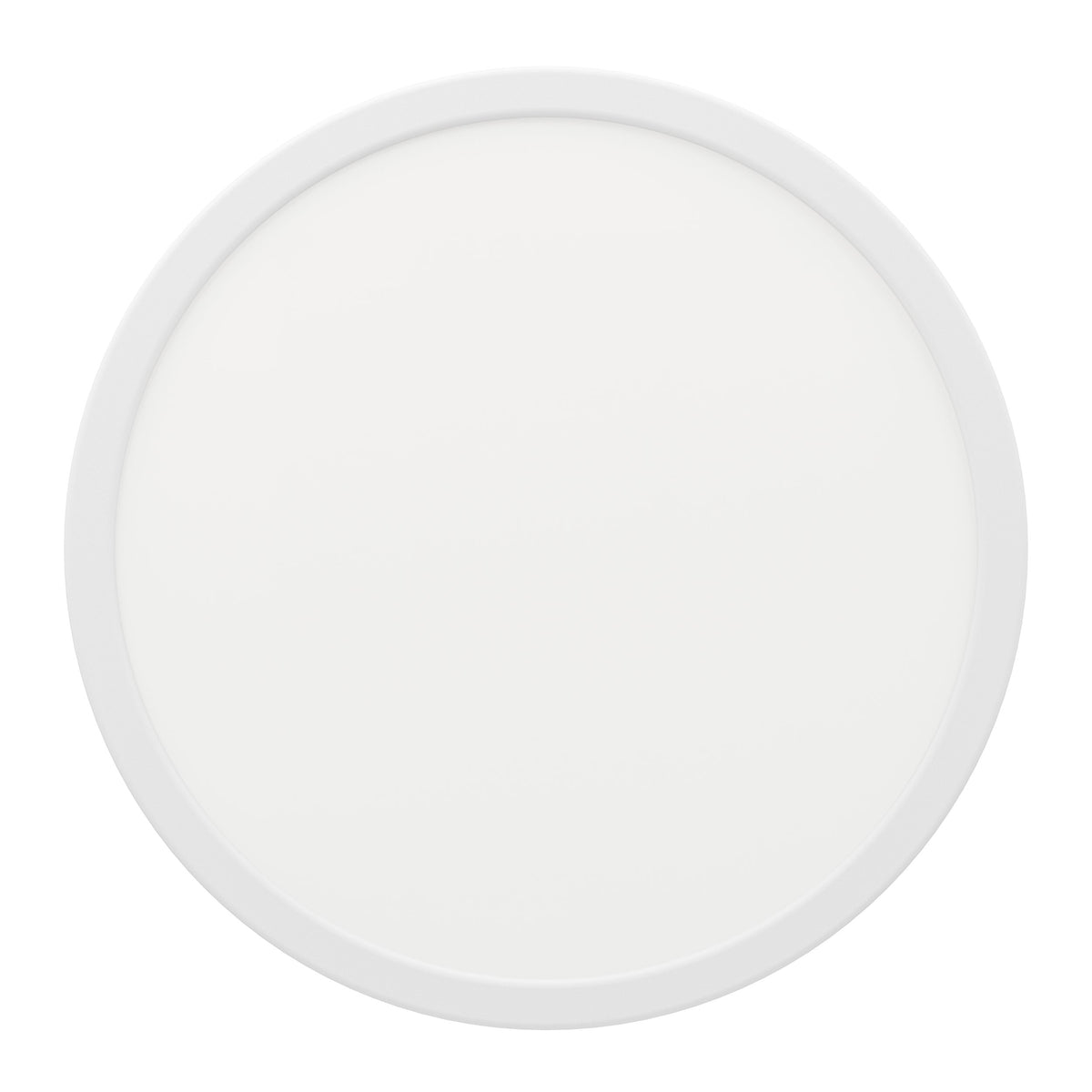 Vue de face du luminaire rond blanc, diffuseur opale et fine bordure périphérique