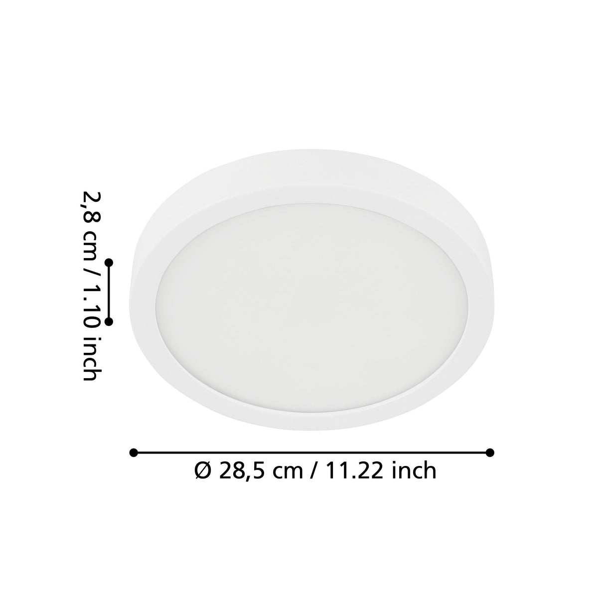 Schéma coté indiquant le diamètre de 28,5 cm et la hauteur de 2,8 cm