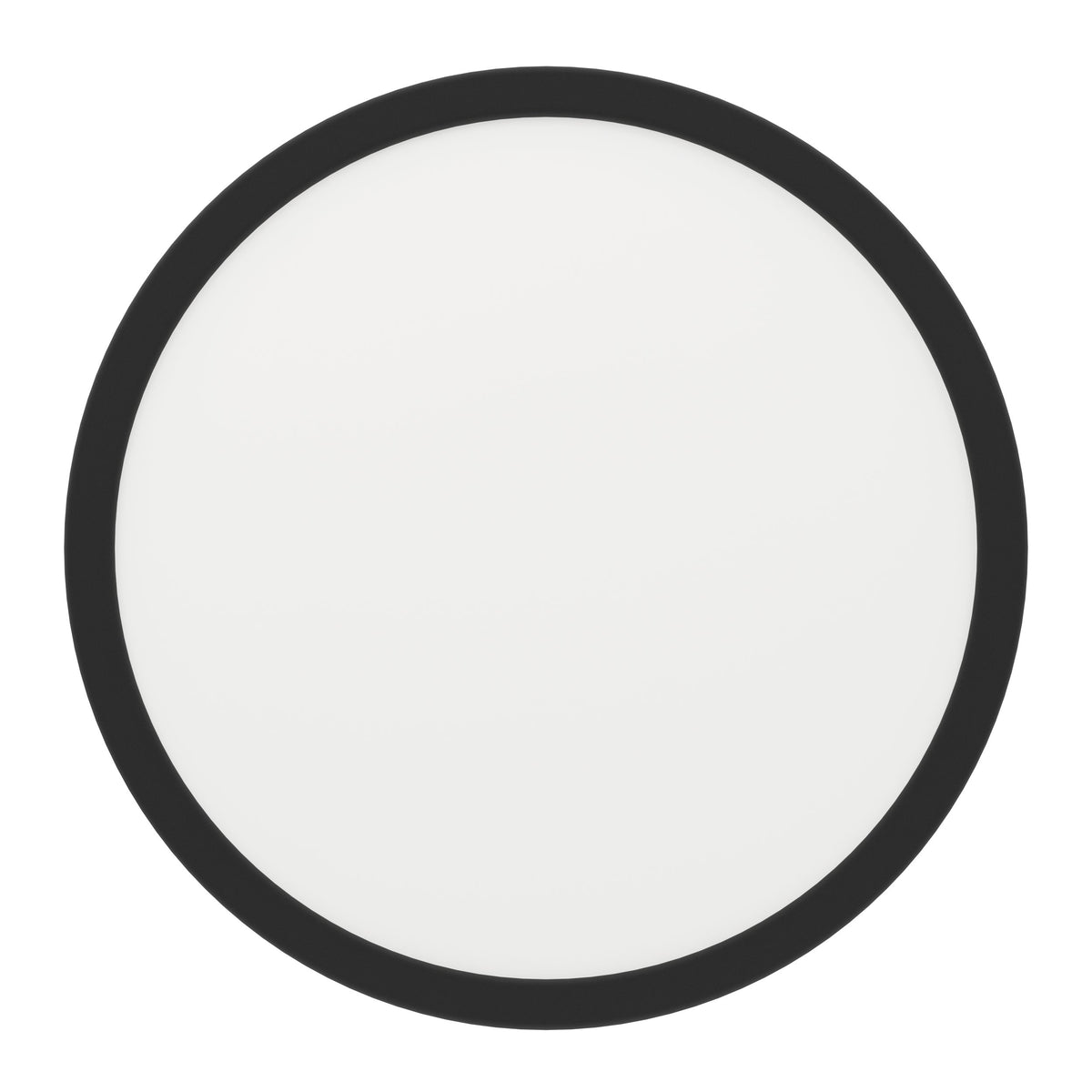 Vue de face du luminaire rond, contour noir et verre blanc uniforme
