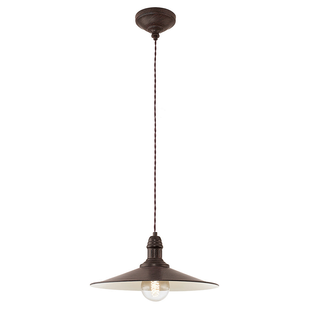 Suspension au grand abat-jour conique foncé, intérieur beige, câble torsadé
