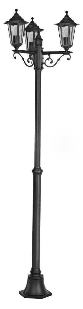 Lampadaire extérieur noir à trois lanternes, vue de face sur fond blanc.