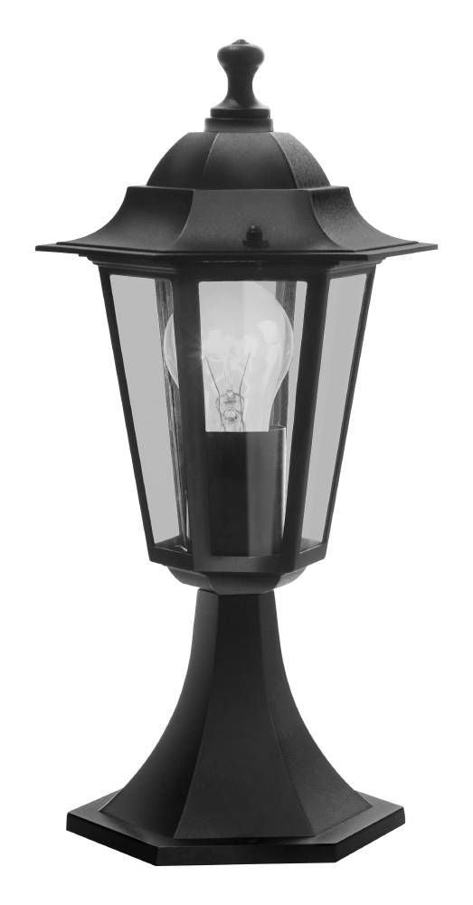 Vue rapprochée de la lanterne décorative avec ampoule visible et détails du capot noir