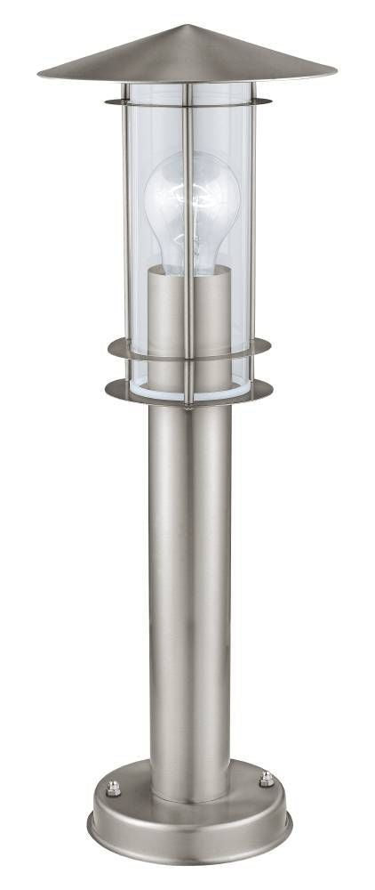 Vue de face du luminaire sur pied en inox avec diffuseur en verre transparent.