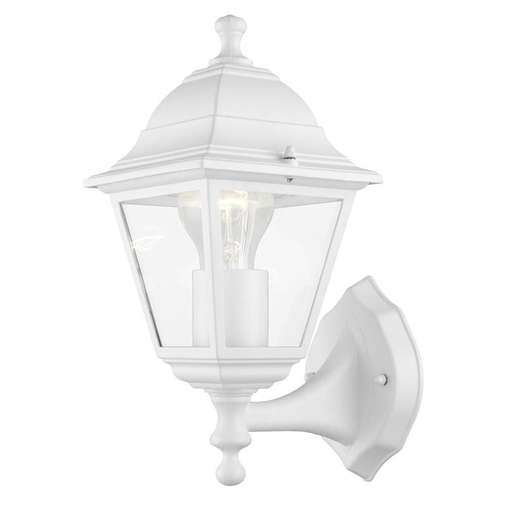 Applique murale blanche de style lanterne, vue de face sur fond blanc.