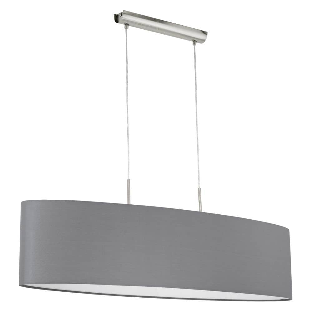 Suspension grise ovale vue de face, abat-jour en tissu et câbles métalliques fins