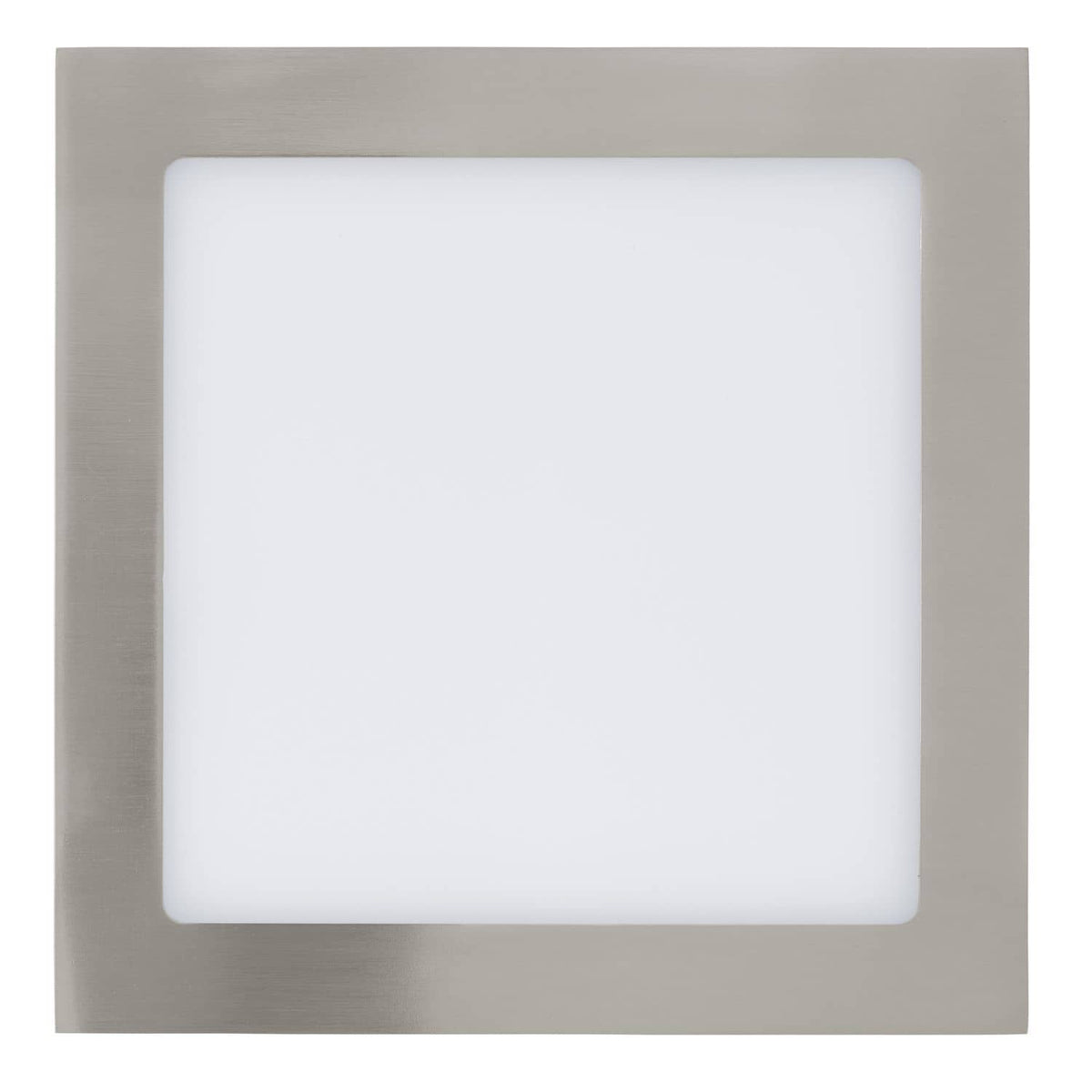 Spot encastrable carré vu de face, cadre nickel satiné et large diffuseur blanc