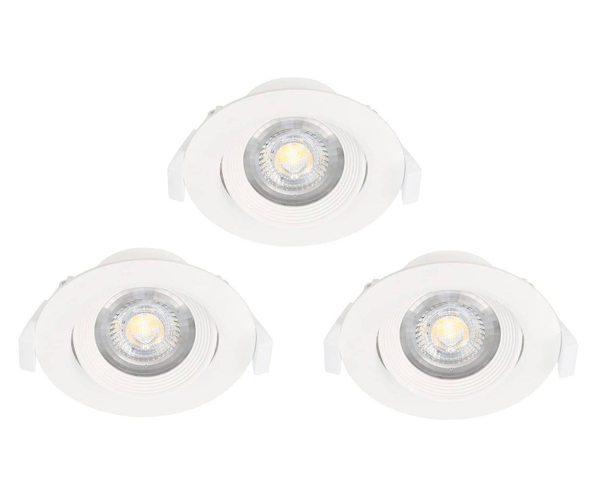 Trois spots encastrables blancs présentés de face sur fond blanc, clips de fixation visibles.