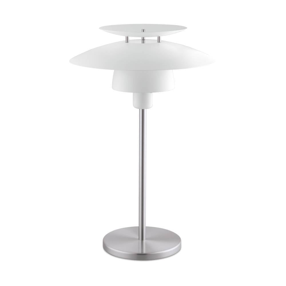 Lampe de table blanche à abat-jour rond superposé, pied métallique et base plate sur fond blanc.