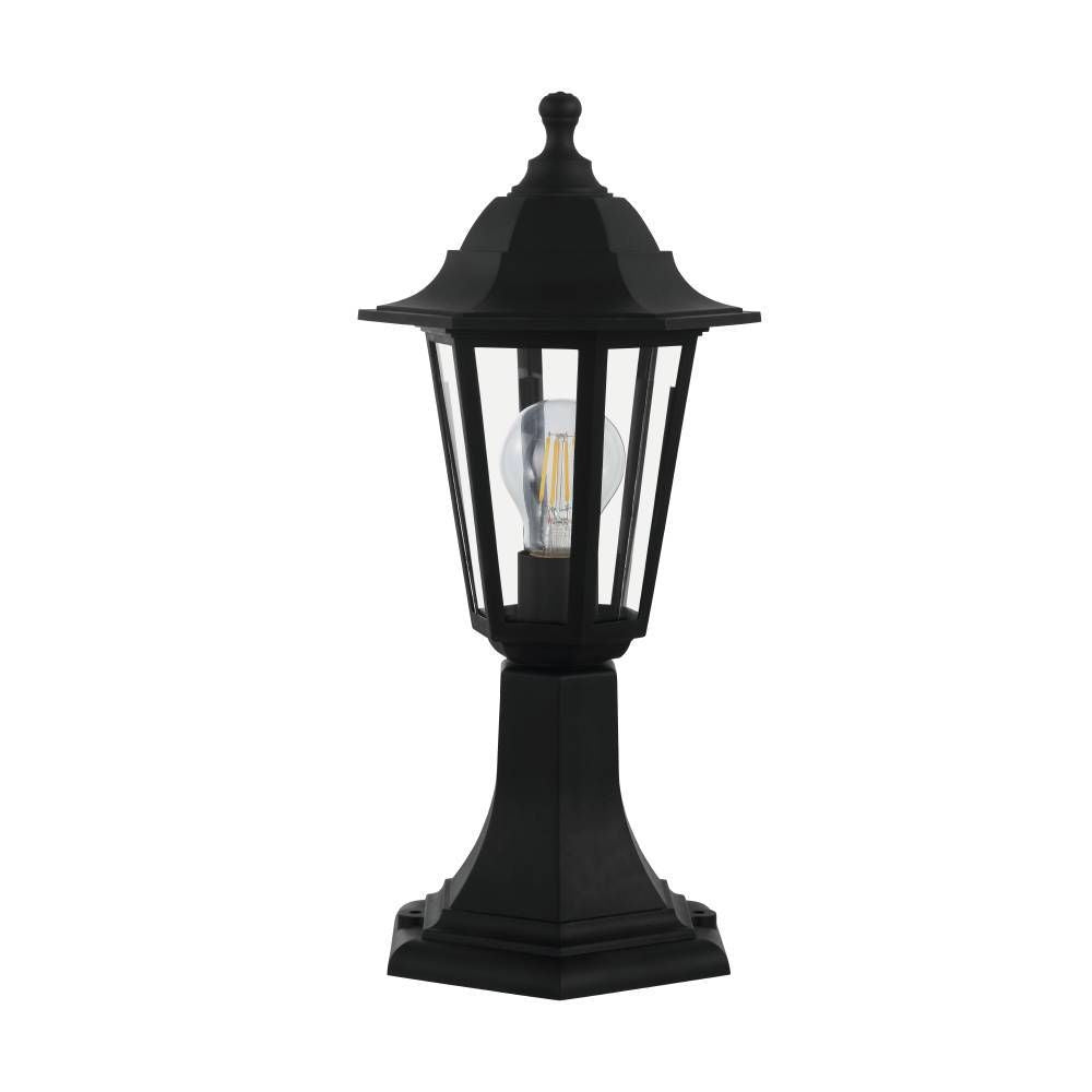 Lampadaire extérieur noir de style lanterne hexagonale, vue de face sur fond blanc