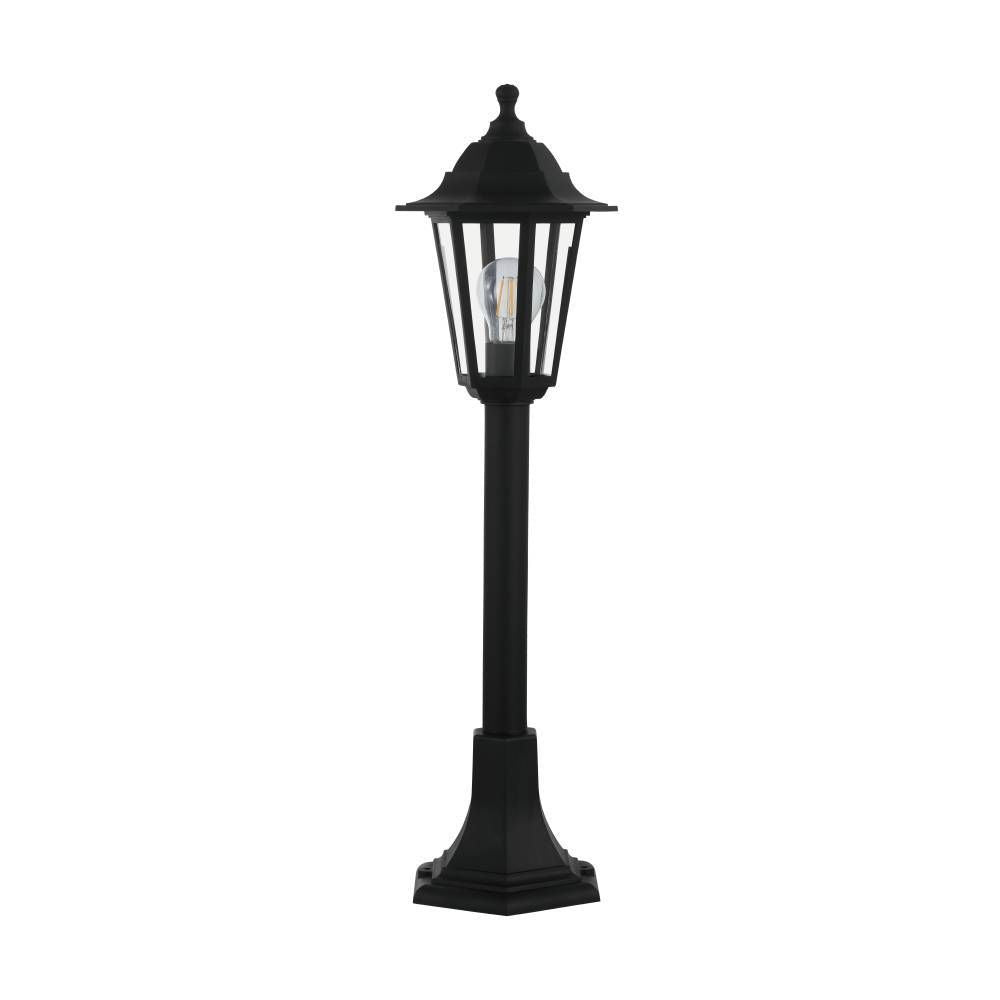 Lampadaire extérieur noir de face sur fond blanc, lanterne vitrée et socle.