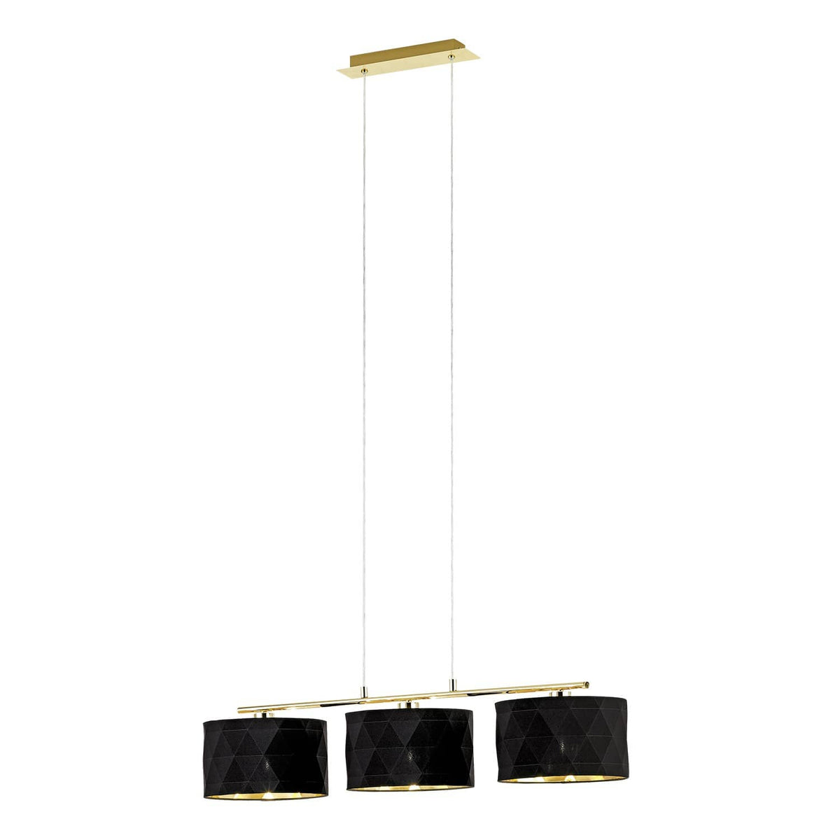 Suspension noire à trois abat-jours cylindriques et structure dorée sur fond blanc.