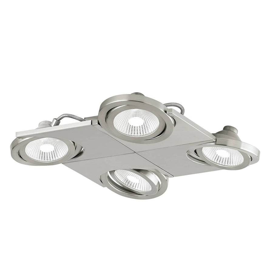 Spot plafond carré à quatre projecteurs orientables, finition métal brossé, sur fond blanc.