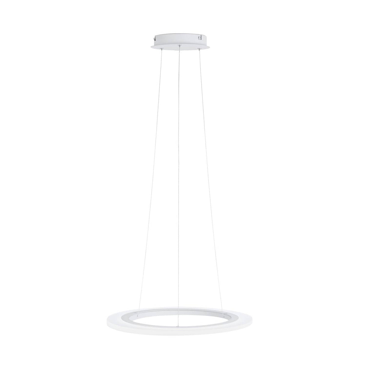 Suspension blanche vue de face sur fond blanc, anneau lumineux et câbles fins
