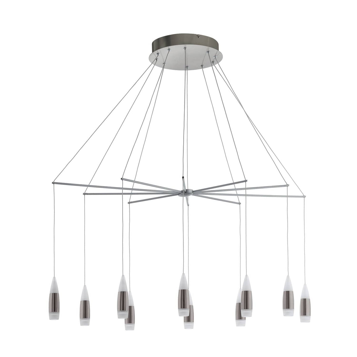 Vue de face sur fond blanc d'une suspension nickel satiné aux multiples diffuseurs en verre