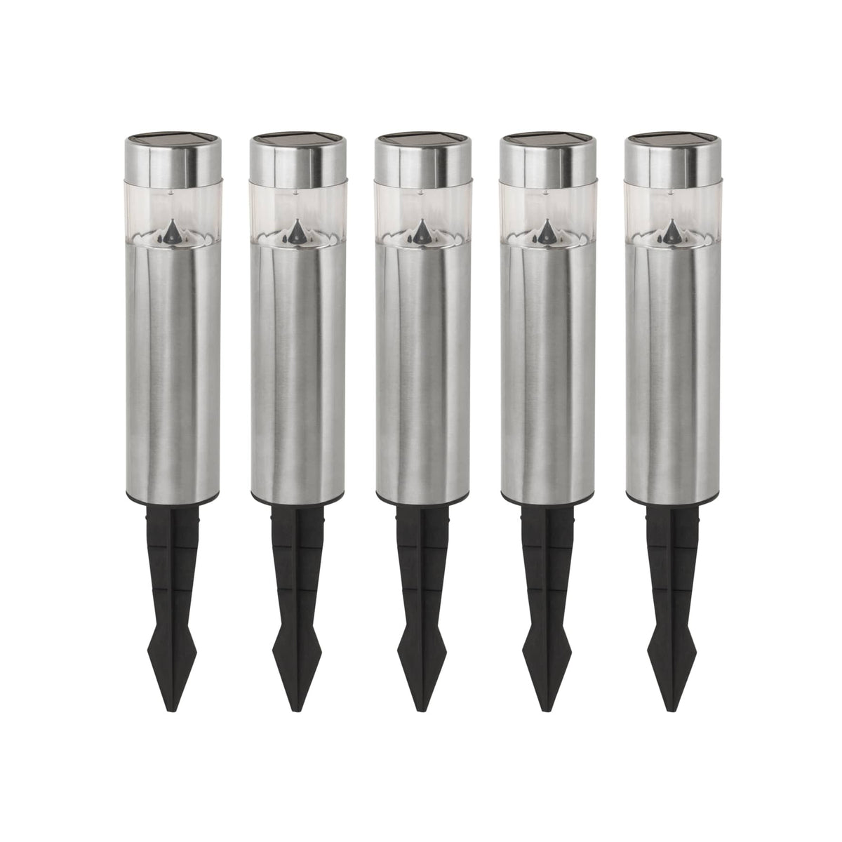 Cinq projecteurs solaires cylindriques en inox alignés sur fond blanc, vus de face