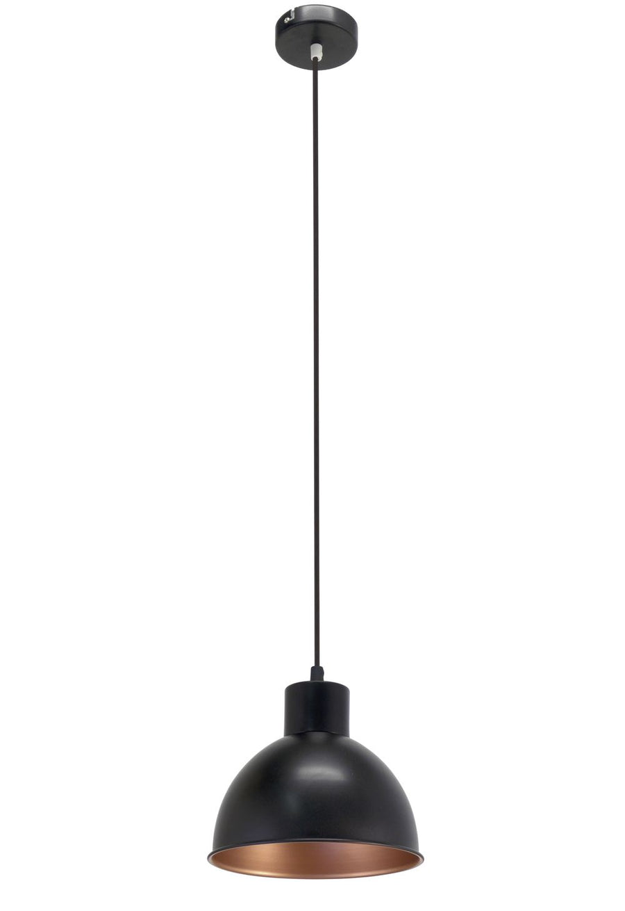 Suspension noire vue sur toute sa hauteur, câble et rosace apparents