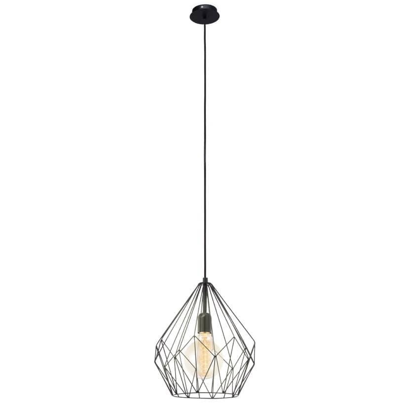 Suspension noire avec cage filaire géométrique, câble et rosace, vue de face sur fond blanc