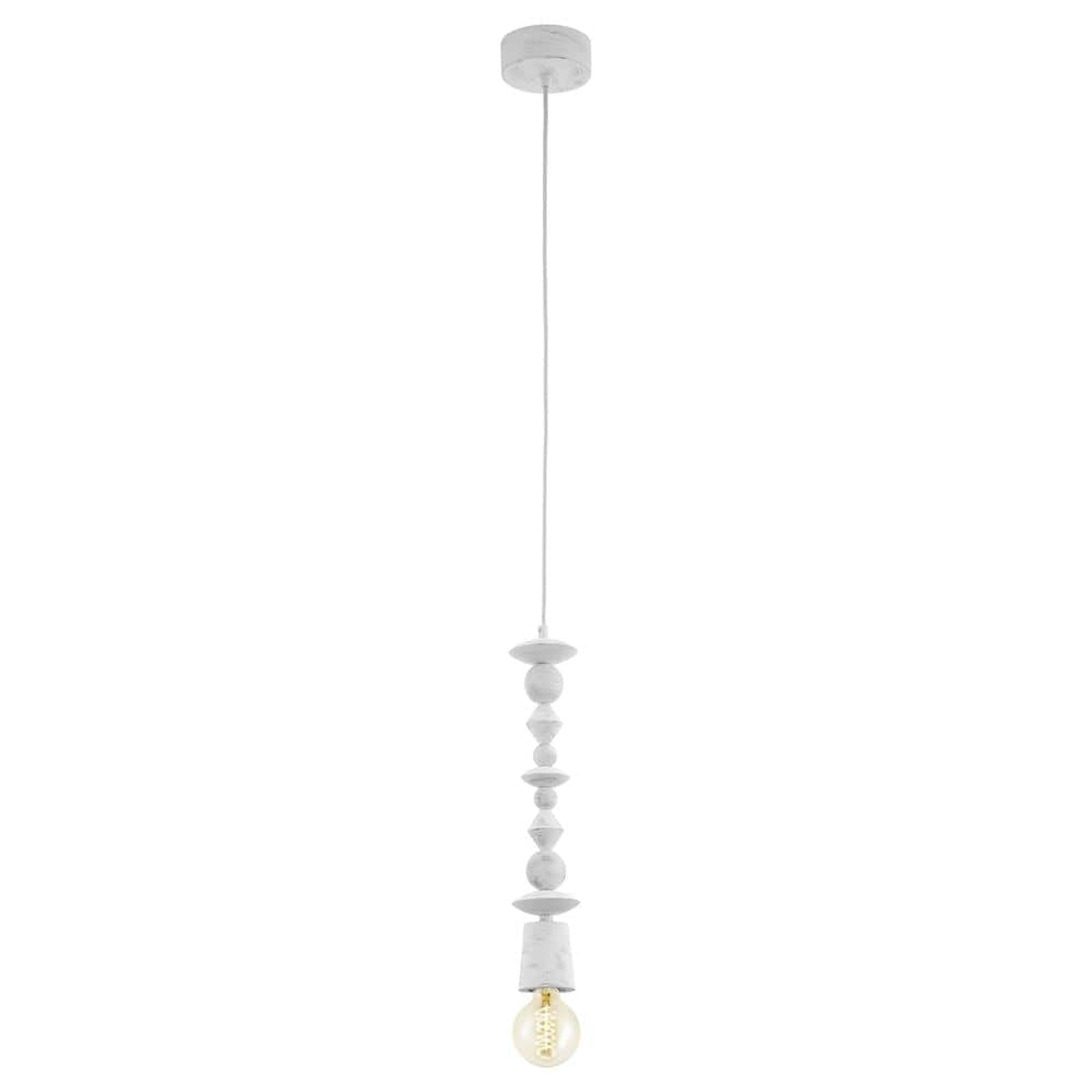 Suspension blanche en bois tourné, empilement de perles et disques sur fond blanc