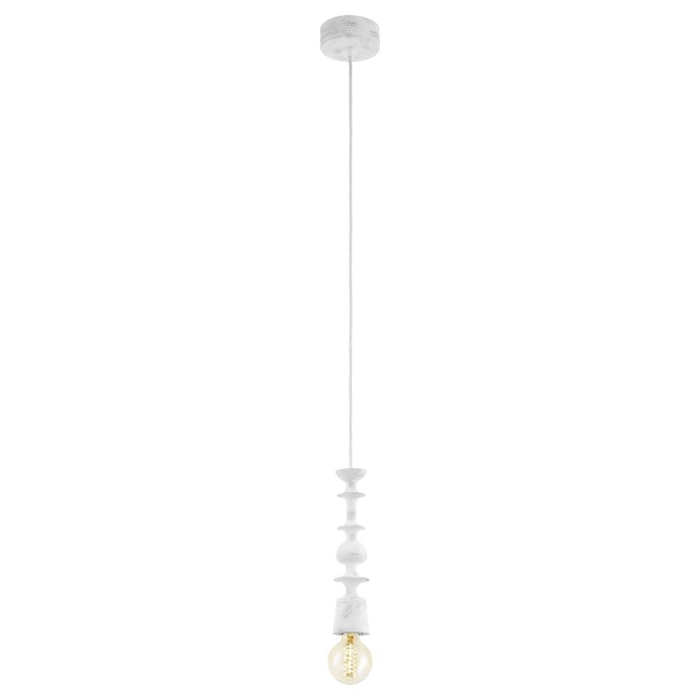 Vue de face de la suspension blanche avec ampoule et cordon sur fond blanc