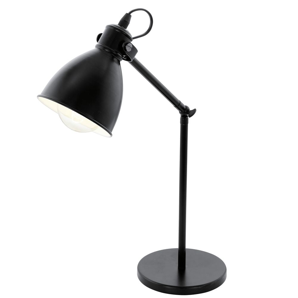 Lampe de bureau noire de face, abat-jour conique incliné et base ronde