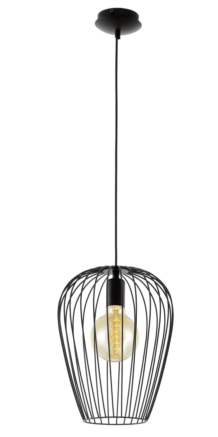 Vue de face du luminaire suspendu, câble et rosace visibles sur fond blanc.