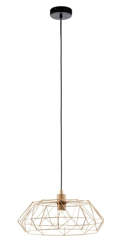 Vue de face du même luminaire en finition cuivrée, abat-jour filaire géométrique.