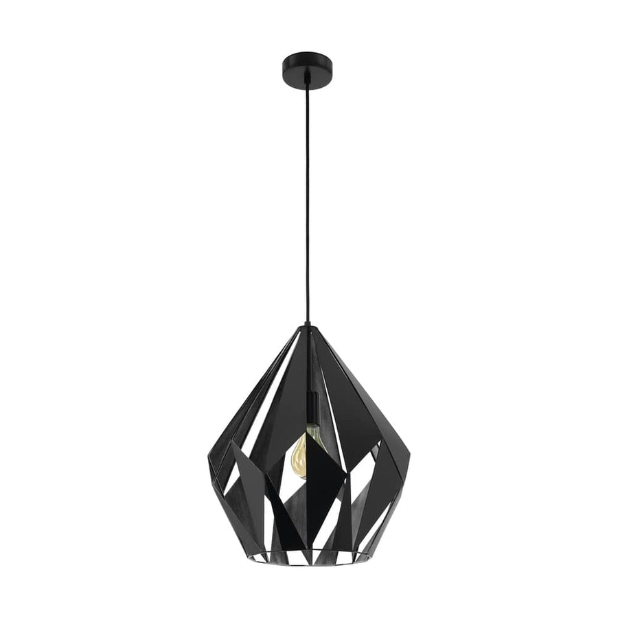 Suspension noire géométrique vue de face sur fond blanc, câble et rosace visibles