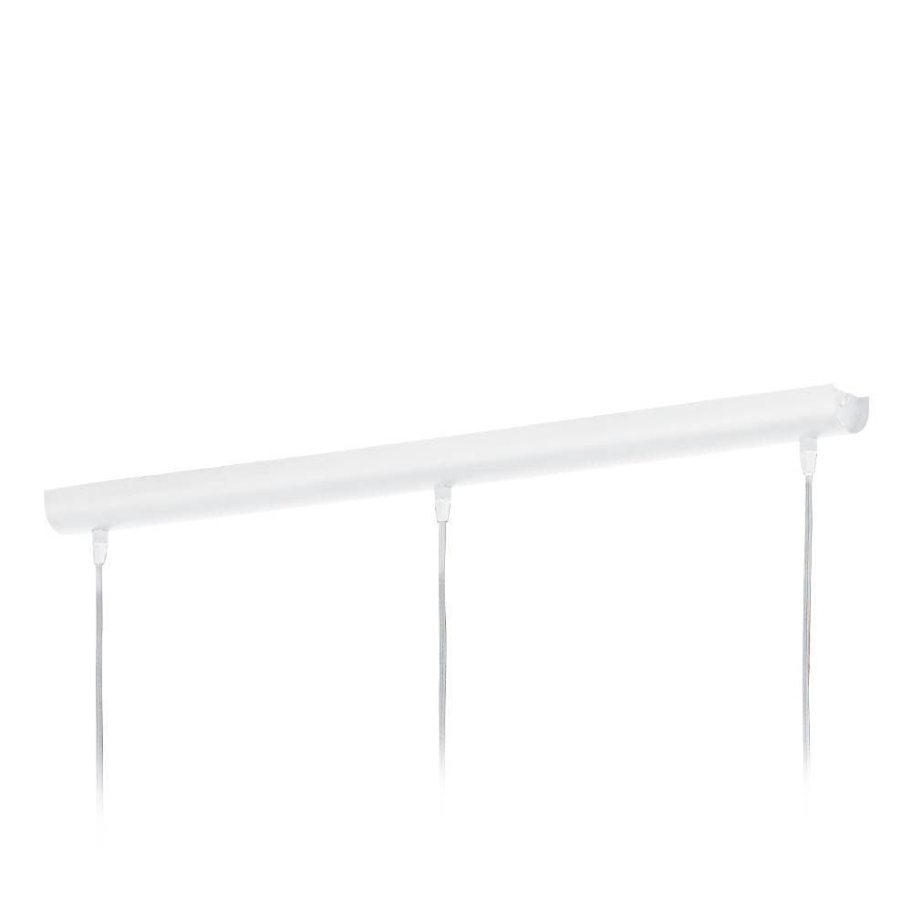 Suspension linéaire blanche vue de profil sur fond blanc, avec trois câbles fins