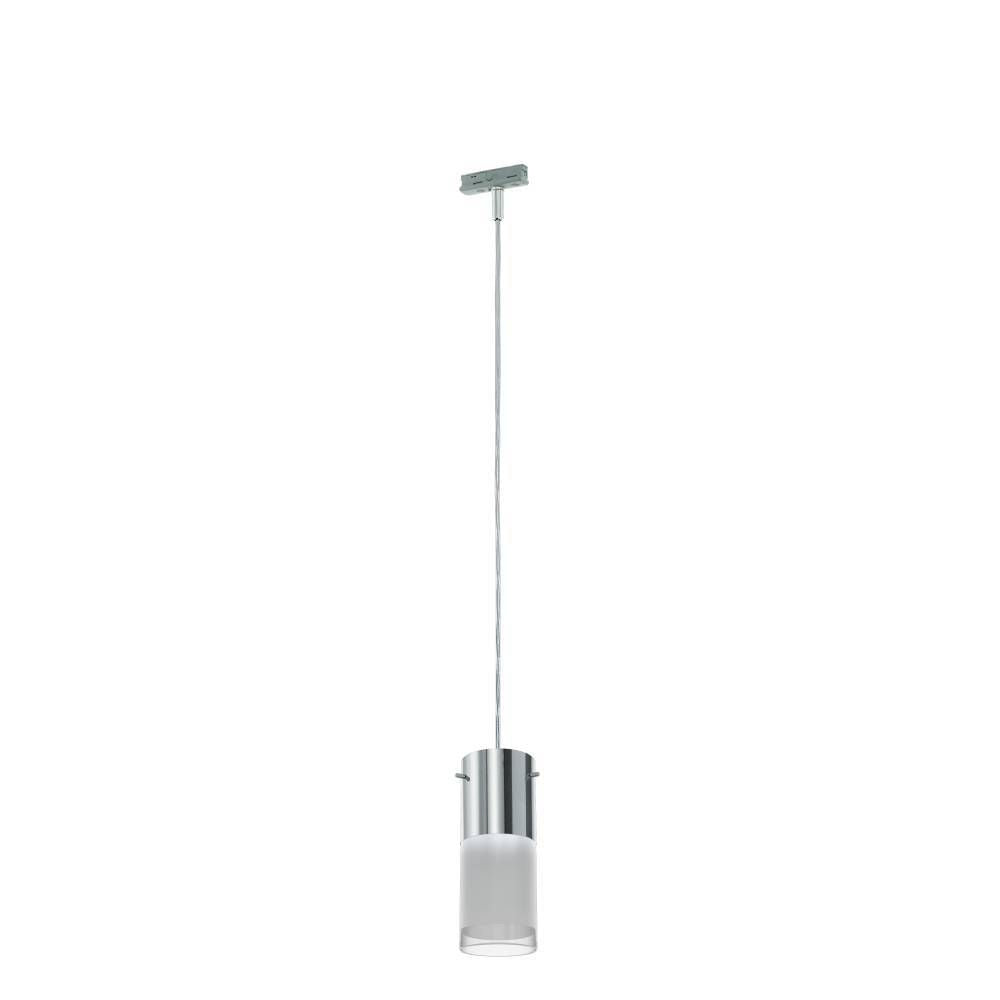 Vue entière de la suspension avec câble, rosace et cylindre chromé.