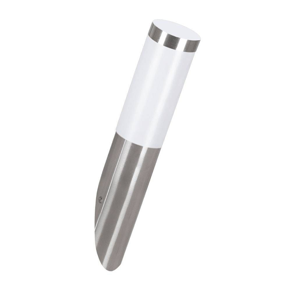 Applique extérieure de face, corps cylindrique incliné en inox et diffuseur blanc laiteux