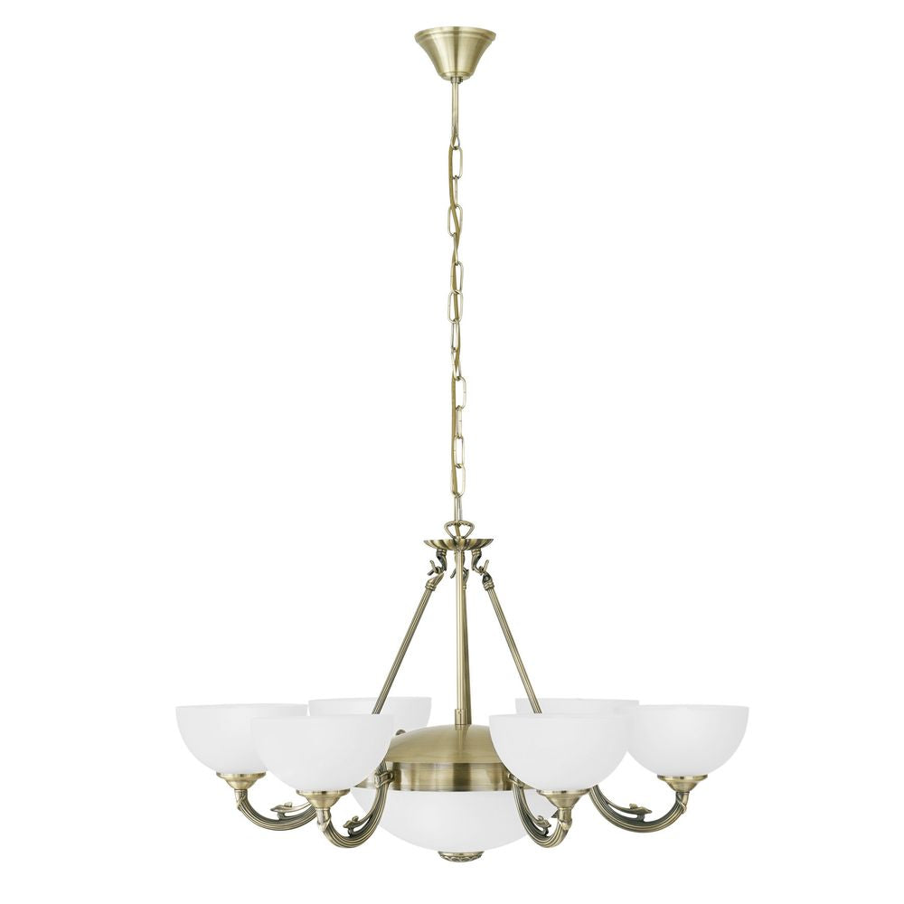 Lustre doré suspendu à six coupelles de verre opalin blanc, vue de face